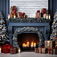 Avezano Blue Christmas Tree and Fireplace 2 pcs Set Backdrop