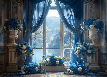 Avezano Spring Blue Window Screens and Roses  Photography Backdrop