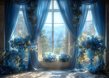Avezano Spring Blue Roses and Floor-to-Ceiling Windows Photography Backdrop