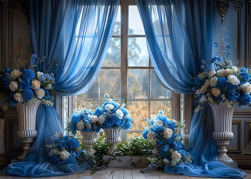 VIP Avezano Spring Blue Roses and Windows Photography Backdrop