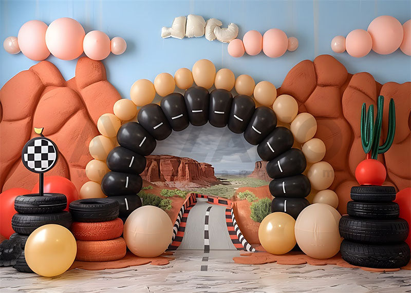 Avezano Race-Themed Balloon Arch CakeSmash Photography Background