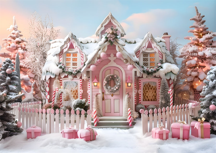 Avezano Winter Christmas Pink House and Gift Photography Backdrop