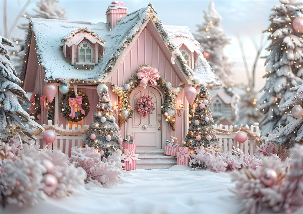 Avezano Winter Christmas Pink Bow House Photography Backdrop