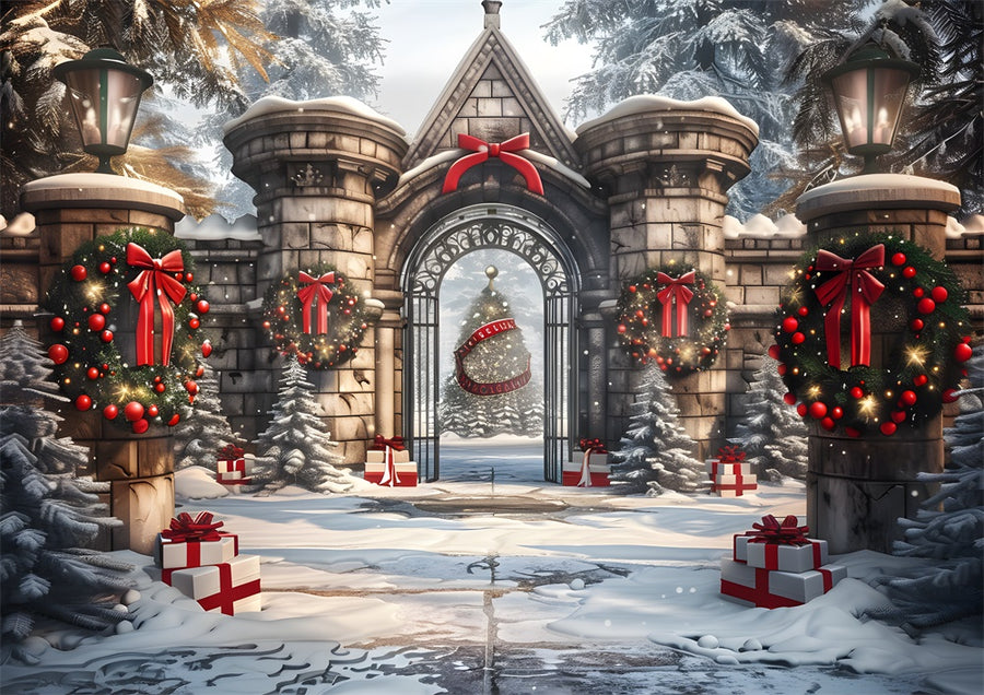 Avezano Winter Christmas Castle Door Red Decoration Photography Backdrop