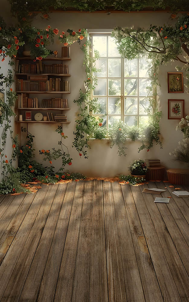 Avezano Spring Bookshelf and Vine Flowers Sweep Photography Backdrop