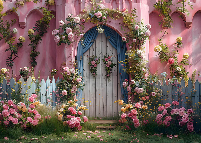 Avezano Spring Pink Roses and Railings in Front of the Door Photography Backdrop