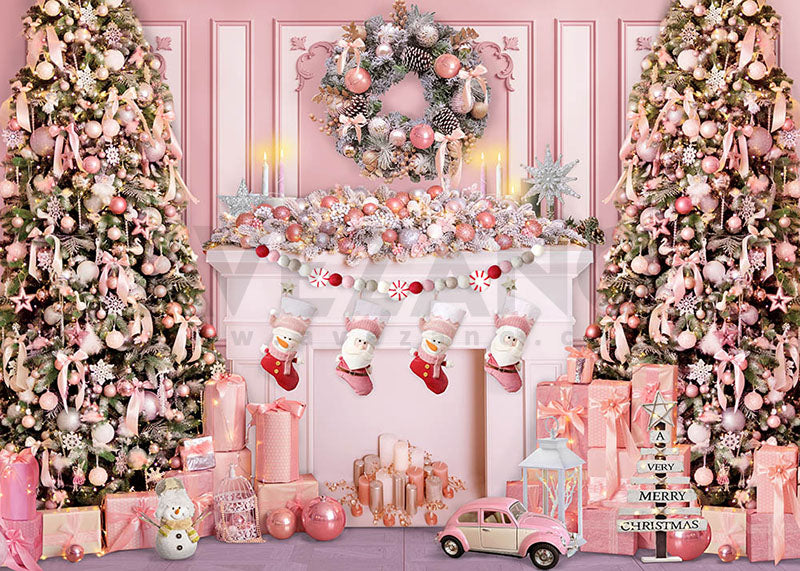 Avezano Winter Pink Christmas Fireplace Decoration Photography Backdrop Room Set