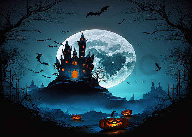 Avezano Halloween Haunted House Under the Moon Backdrop for