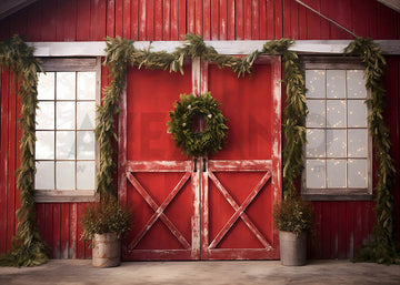 Avezano Christmas Wreath Red Wooden Door Photography Backdrop