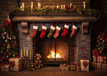 Avezano Christmas Fireplace Decoration Photography Backdrop