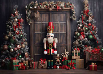 Avezano Christmas Tree Wooden Doors and Nutcracker Soldiers Photography Backdrop