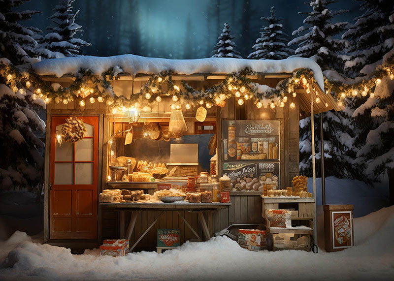 Avezano Christmas Food Shop in the Snow Photography Backdrop