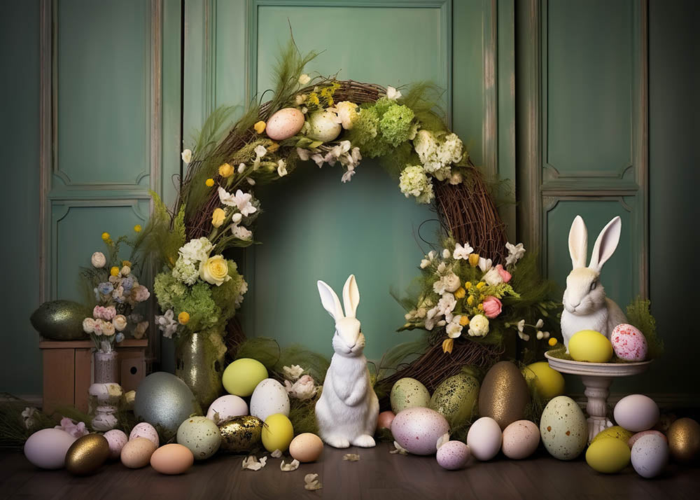 Avezano Easter Green Wooden Door and Bunny 2 pcs Set Backdrop