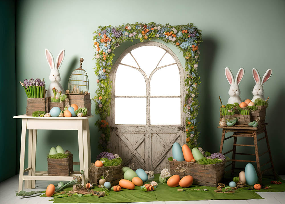 Avezano Easter Decorated Wooden Door and Rabbit 2 pcs Set Backdrop