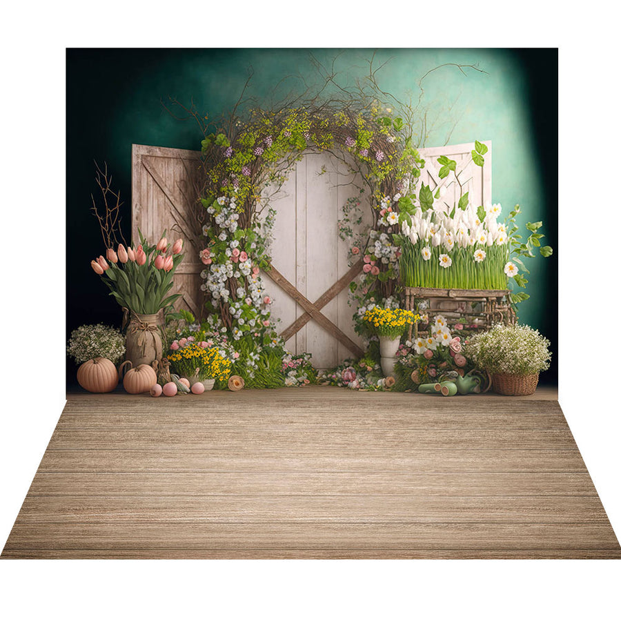 Avezano Spring Flowers and Green Leaves 2 pcs Set Backdrop