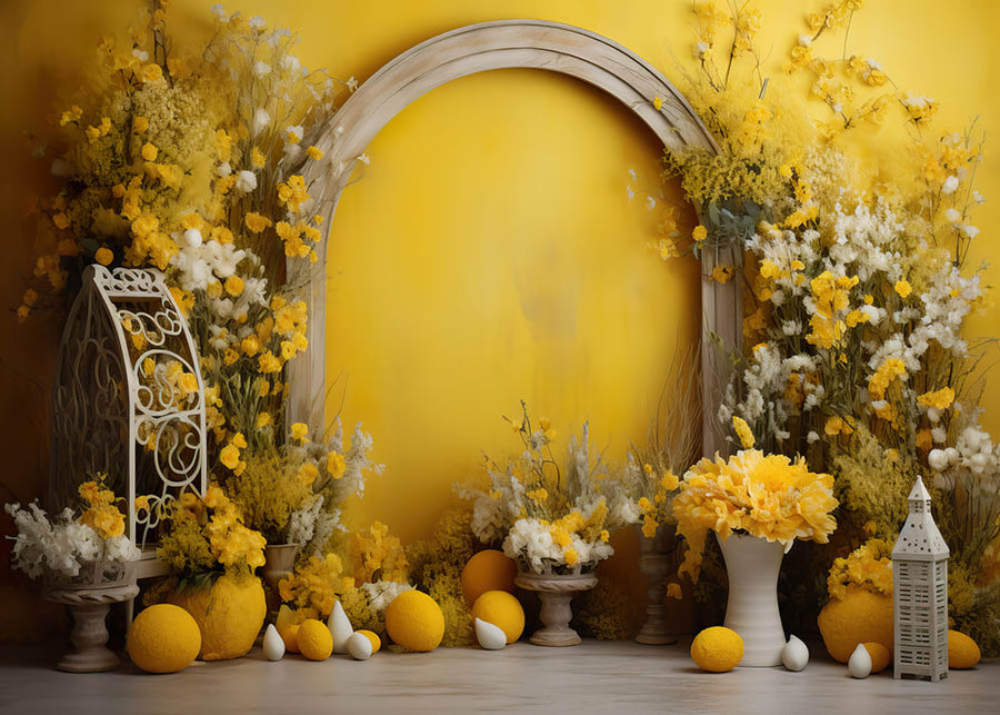 Avezano Easter Yellow Wall and Flowers 2 pcs Set Backdrop