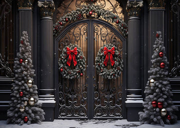 Avezano Christmas Wreath and Bow on Door Photography Backdrop