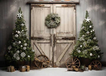 Avezano Retro White Wooden Door and Christmas Tree Photography Backdrop