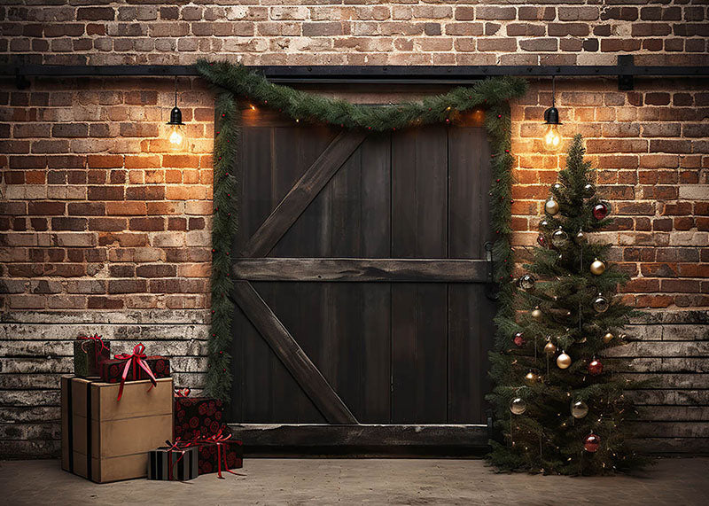 Avezano Black Wooden Door and Christmas Gifts Photography Backdrop