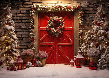 Avezano Snowy Christmas and Red Wooden Door Photography Backdrop