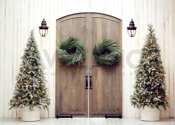 Avezano Christmas Tree and Retro Wooden Door Photography Backdrop