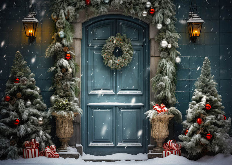 Avezano Snowy Christmas Blue Door Photography Backdrop