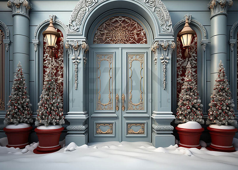 Avezano Blue Door and Christmas Snow Photography Backdrop