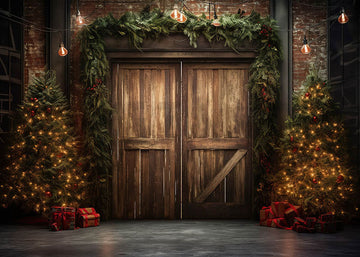 Avezano Retro Wooden Door and Christmas lights Photography Backdrop