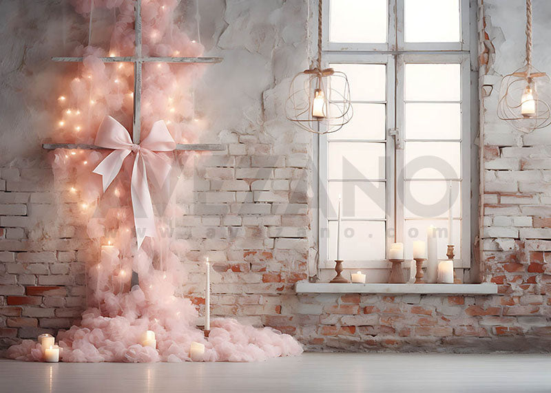 Avezano Shabby Brick Wall and Pink Bow Photography Background