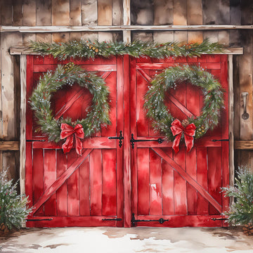 Avezano Red Door and Christmas Wreath Painting Photography Backdrop