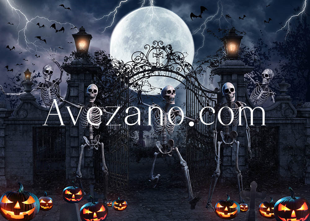 Avezano Halloween Full Moon and Dancing Skeletons Backdrop for Photography