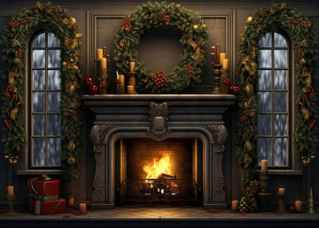 Avezano Christmas Fireplace and Red Gift Box Photography Backdrop