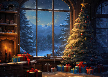 Avezano Christmas Snow View Outside the Gift Box Window Photography Backdrop