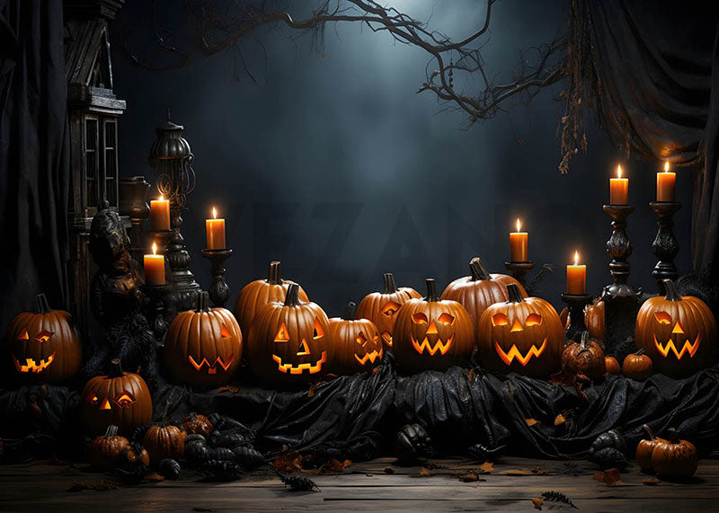 Avezano Halloween pumpkins and Candles Backdrop for Photography