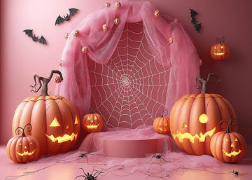 Avezano Halloween Pink Spider Webs and Pumpkins Backdrop for Photography