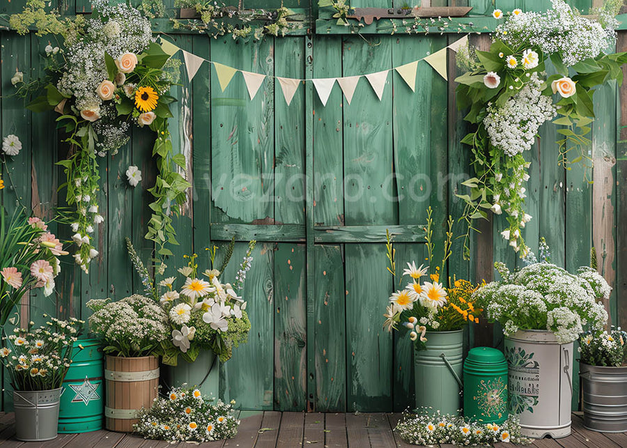 Avezano Spring Green Wooden Doors and Flowers Photography Backdrop