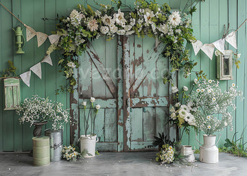 Avezano Spring Vintage Wooden Doors with White Flowers Photography Backdrop