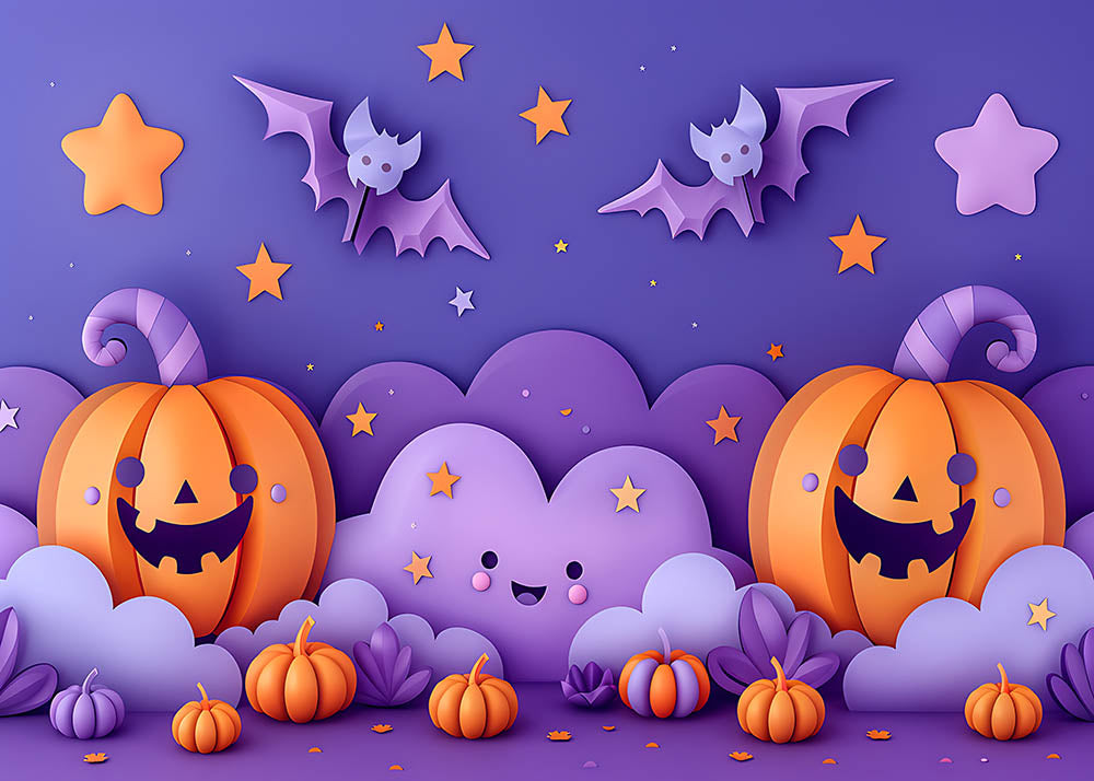 Avezano Halloween Pumpkins and Purple Cartoon Bats Backdrop for Photography