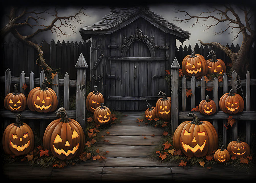 Avezano Halloween Pumpkins and Black Wooden House Backdrop for Photography