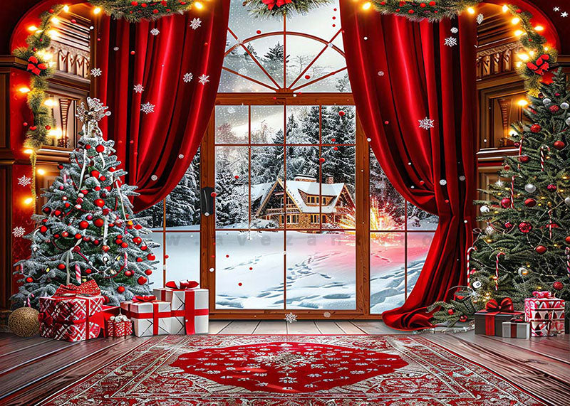 Avezano Red Curtains and a Christmas Tree Room Photography Backdrop