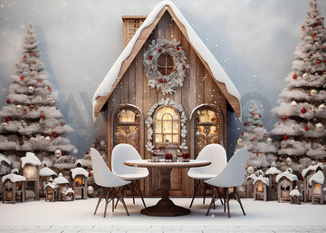 Avezano Christmas Log Cabin with Outdoor Tables and Chairs Photography Backdrop