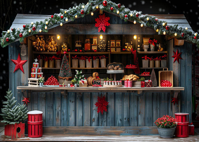 Avezano Log Cabin with Winter Christmas Stall Photography Backdrop