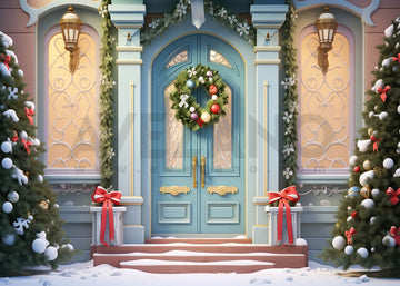 Avezano Christmas Decorated Blue Door Photography Backdrop