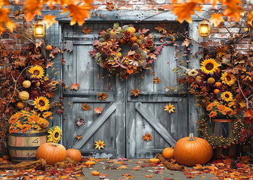 Avezano Autumn Grey Wooden Door with Maple Leaf and Pumpkin Photography Backdrop