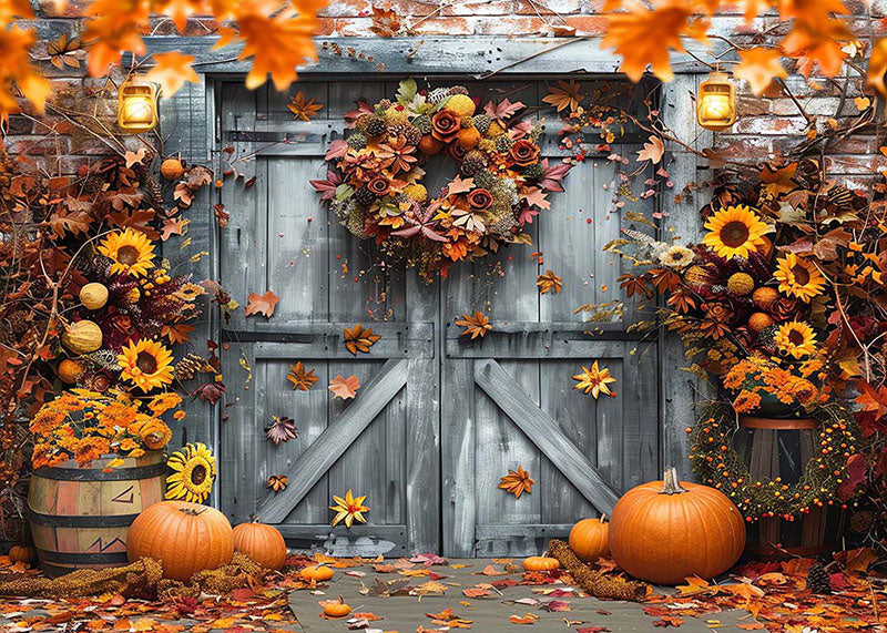 Avezano Autumn Grey Wooden Door with Maple Leaf and Pumpkin Photography Backdrop