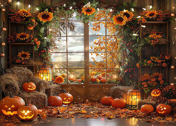 Avezano Autumn Sunflower Pumpkins and Doors Windows Photography Backdrop