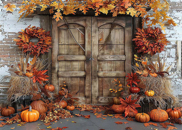 Avezano Autumn Pumpkins and Wood Doors Photography Backdrop