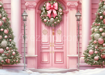 Avezano Snow in Winter Christmas Pink Door Photography Backdrop