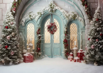 Avezano Christmas Blue Doors and Snow Photography Backdrop