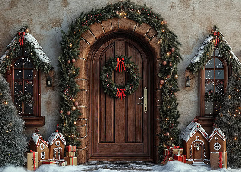 Avezano Christmas Brown Wooden Doors and Windows Photography Backdrop